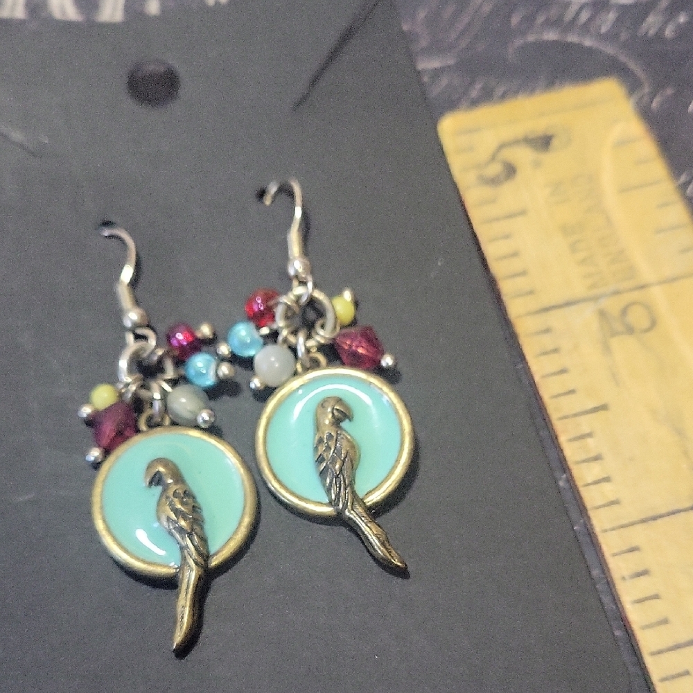 Vintage Enameled Parrot Dangle Earrings with Turquoise Accents